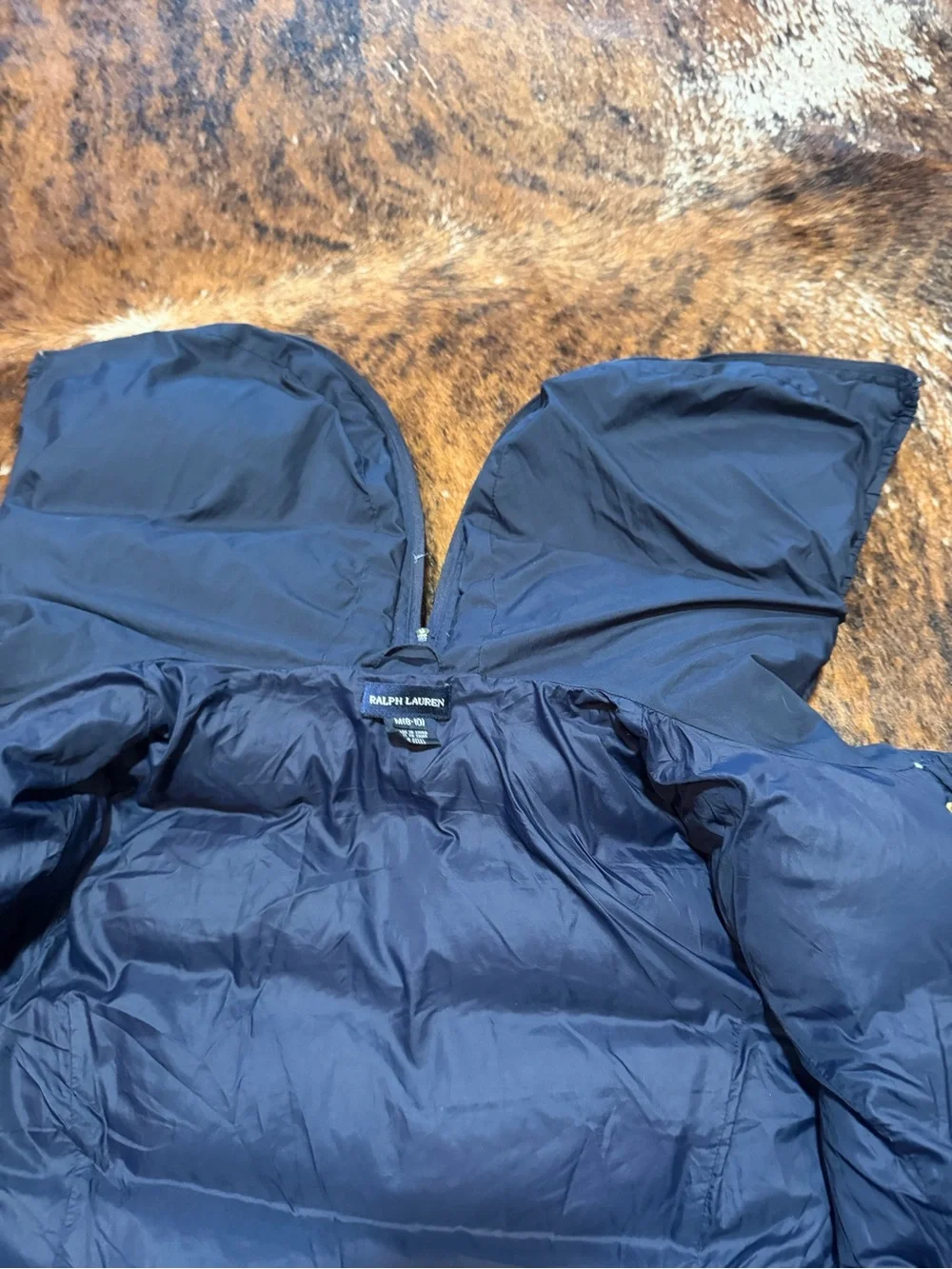 Ralph Lauren Puffer Jacket Girls Sz M 8-10 Navy Down Snap Hooded Pink Pony